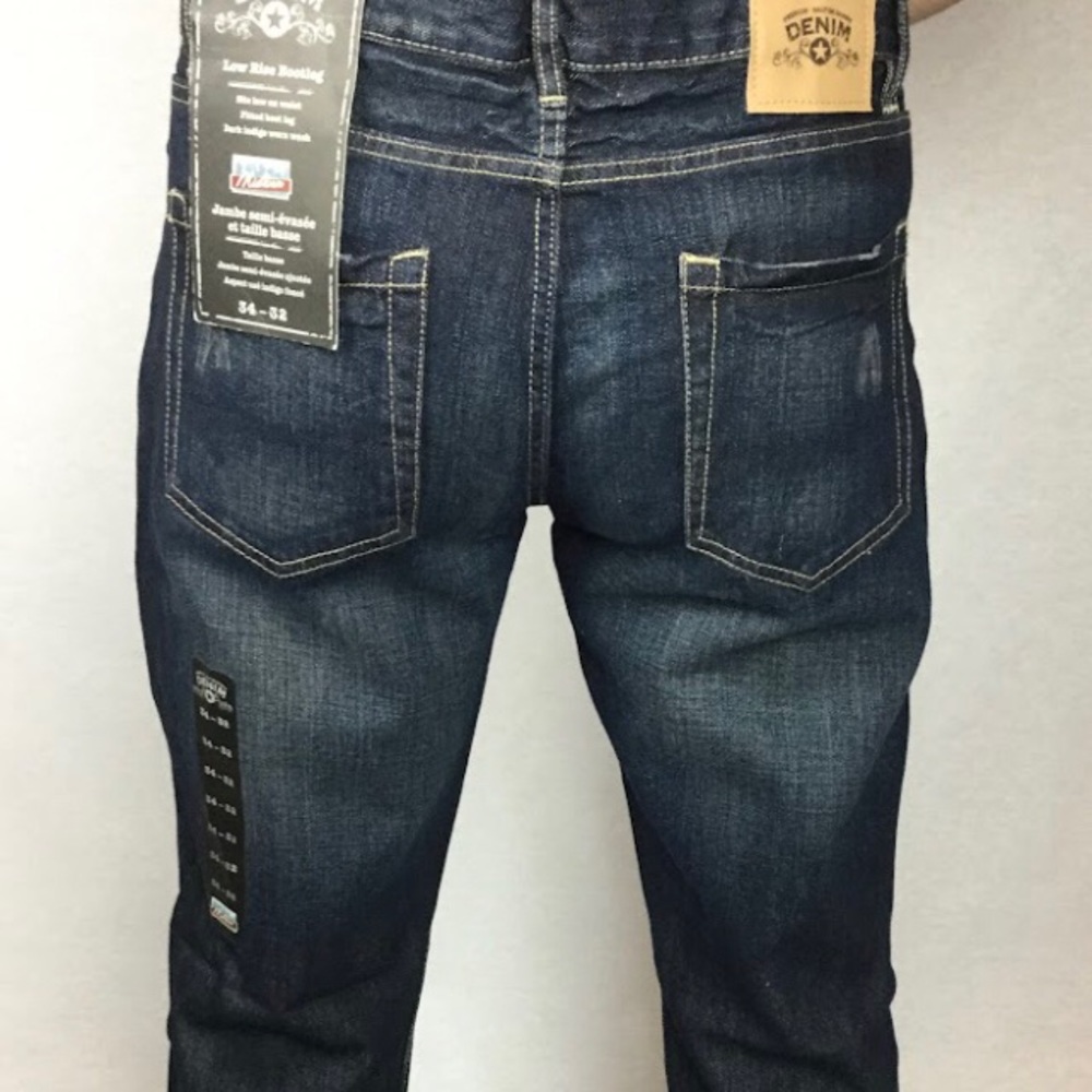Indigo dark blue Men’s Jeans warn washed hand sand ripped mid rise bootleg Denim